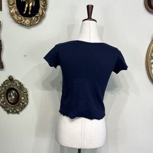 Navy Blue Contrast Trim Short Sleeve Baby Tee Shirt Short Sleeve Size Small